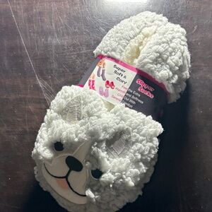 White Fluffy Dog Slipper Socks